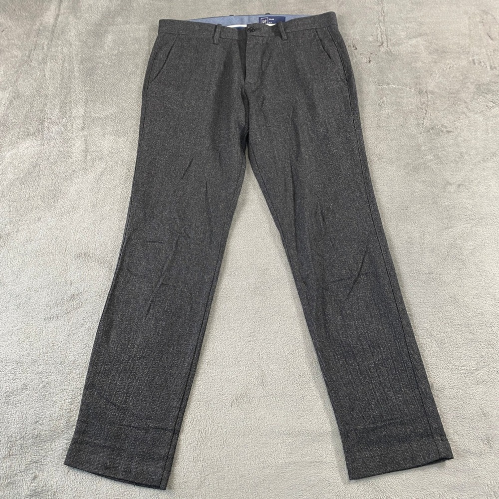 Gap Trousers Mens 31x30 Charcoal Grey Slim Herringbone Wool Blend Dress Pants